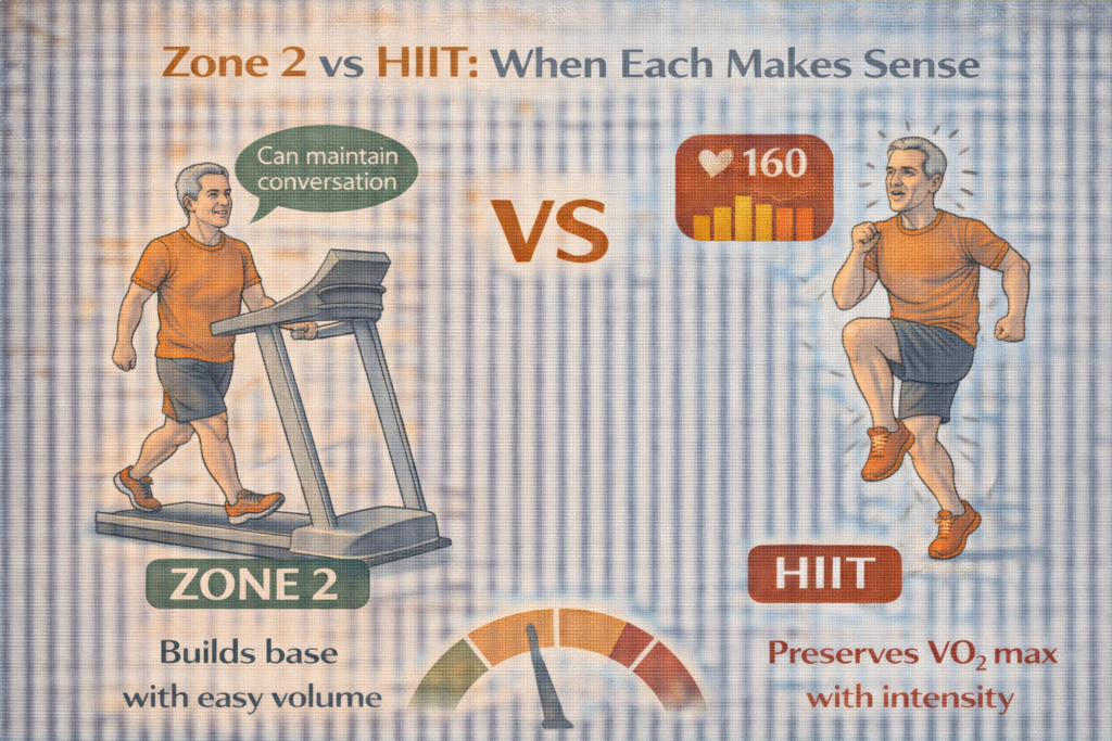 Zone 2 versus HIIT illustration comparing moderate steady cardio with high-intensity intervals and showing when each approach makes sense